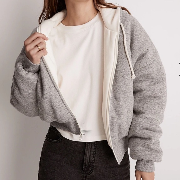 Madewell MWL Reversible Puffer Hoodie Jacket Gray Cream XXS Cropped Thick GUC - Picture 1 of 12